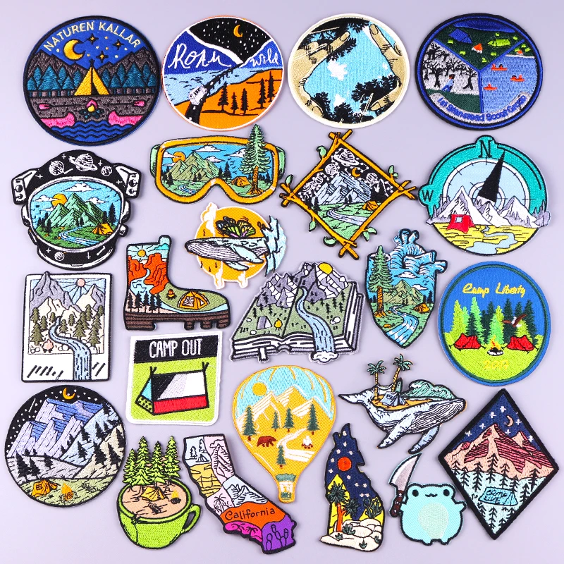

Landscape Wilderness Hiking Iron On Embroidery Patches For Clothing Stickers DIY Outdoor Travel Patches On Clothes Stripe Badge