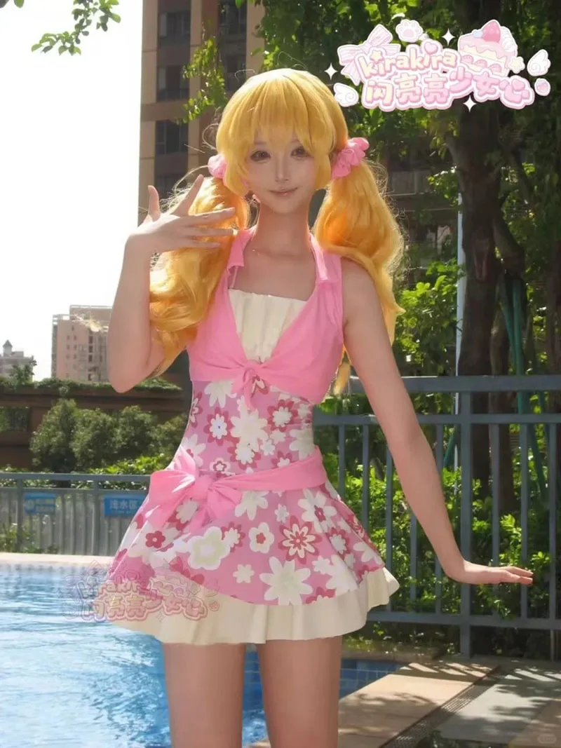 Фото Айкацу! Hoshimiya Ichigo косплей купальник милая девушка с высокой талией для похудения Cover up рюшами бандо цветок купальный костюм купальный костюм №4