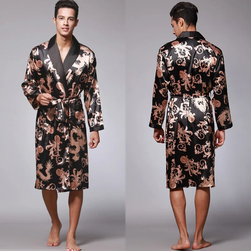 Ice Silk Men's Long-sleeved Robe Bathrobe Home Clothes