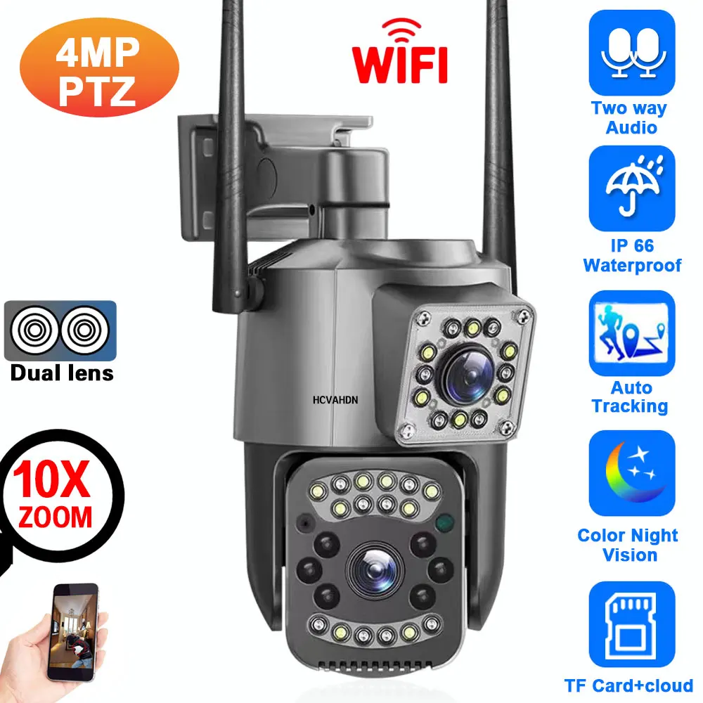 

2K 4MP Dual Lens Wifi PTZ IP Camera 10X Zoom Dual Screen Auto Tracking Wireless CCTV Security Surveillance Camera Two Way Audio