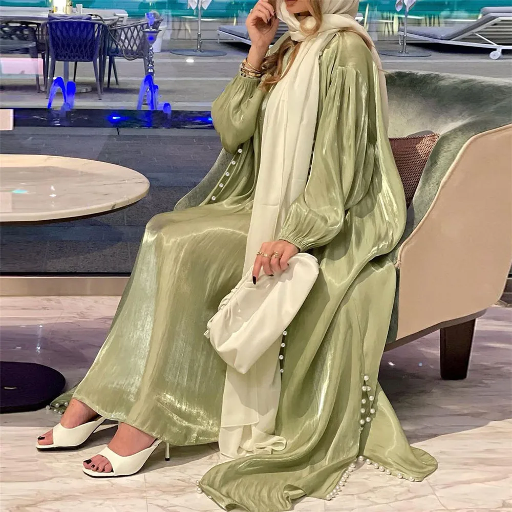 Elegant Muslim Abaya 2 Pieces Matching Sets Beads Satin Women Hijab Dress Evening Gown Turkey Arab Islam Outfits Caftan Moroccan