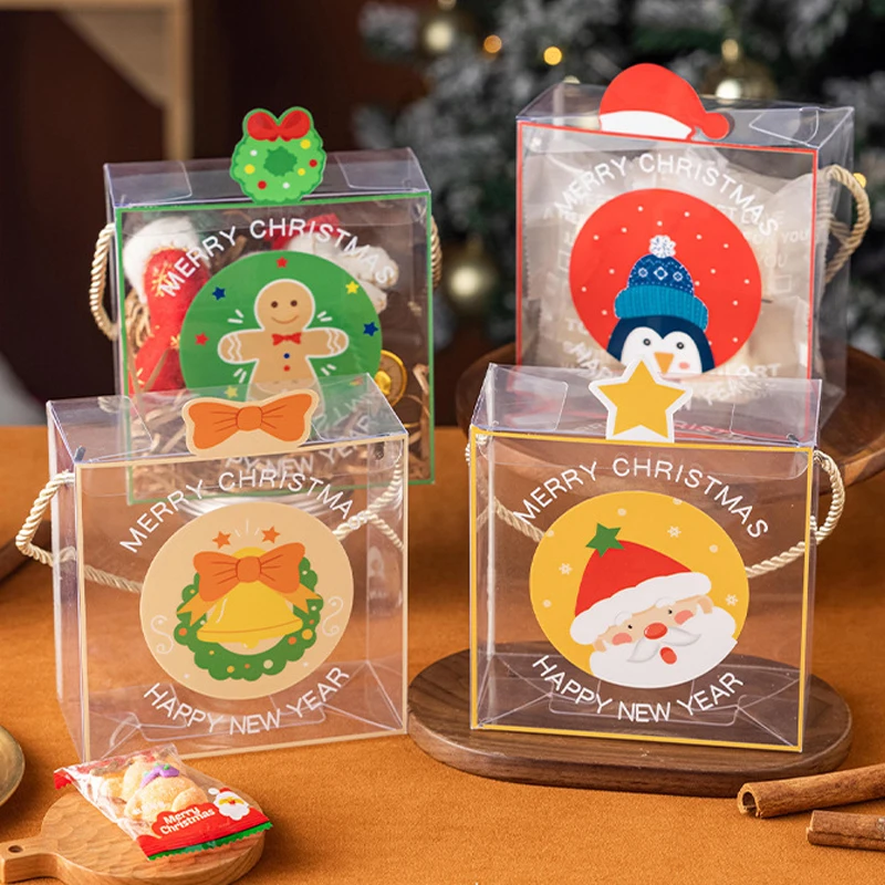 5pcs Christmas Candy Gift Box Transparent Portable Box Handmade Cookies Chocolate Nougat Packing Bags Christmas Decor Supplies