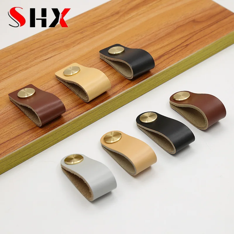 

Мебельные ручки из чистой меди и кожи, латунная ручка для ящика, шкафа, шкафа, двери, современная маленькая ручка с одним отверстием