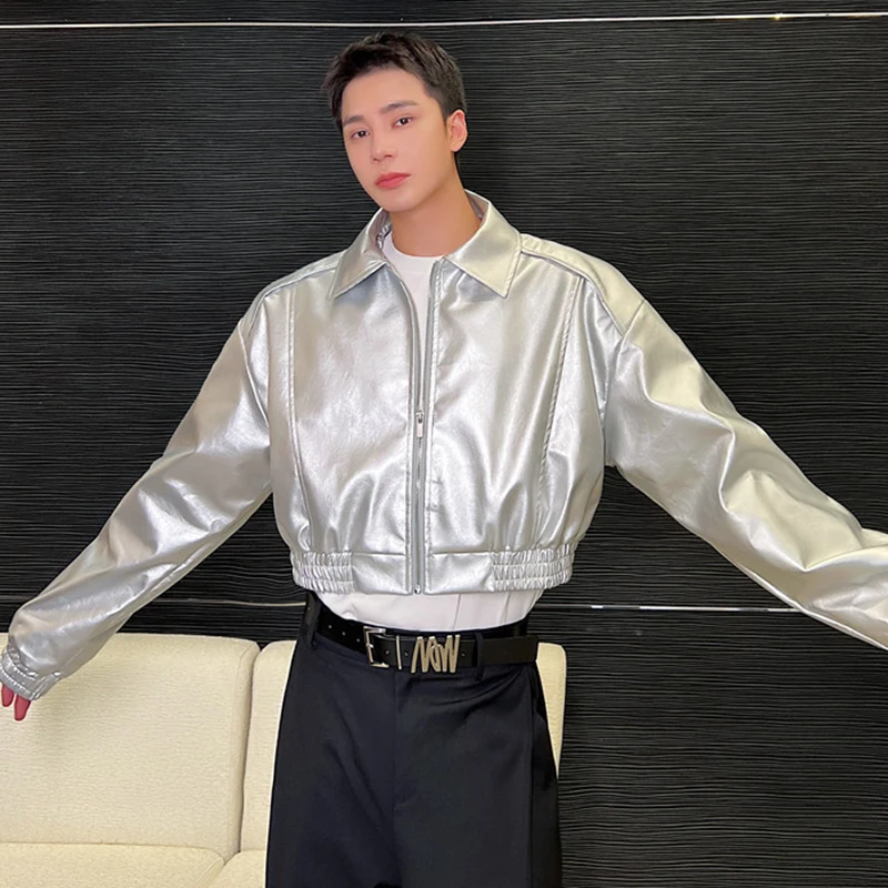 

Трендовые мужские куртки SYUHGFA Leater, модная металлическая Серебристая Красивая верхняя одежда на молнии с лацканами, короткое пальто из искусственной кожи в Корейском стиле