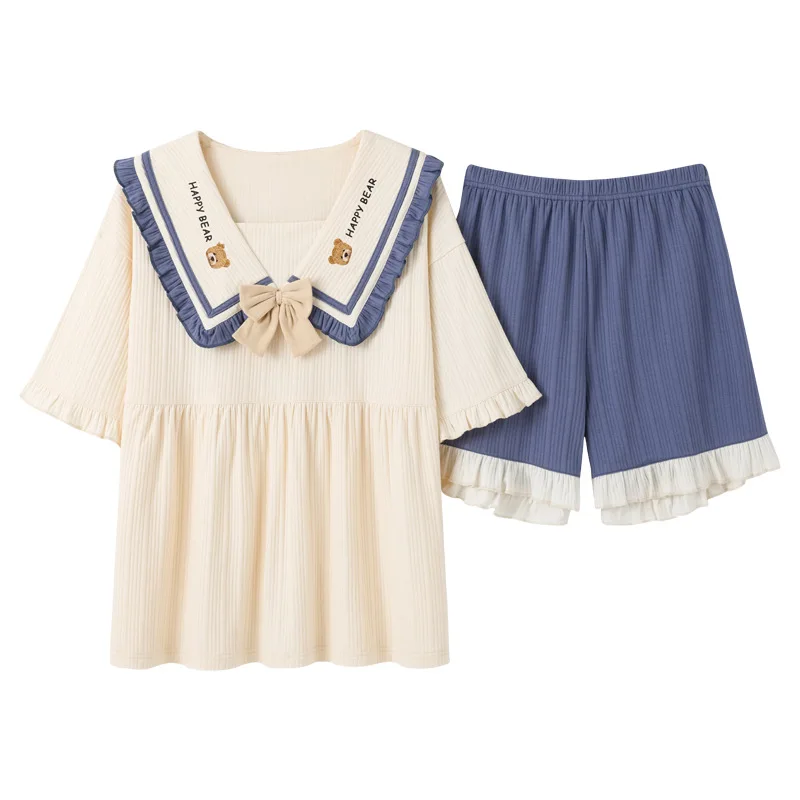 New Pajamas for Women's Summer Cotton Thin Section Sweet and Cute Doll Collar Princess Style Loose Home Service Suit Loungewear