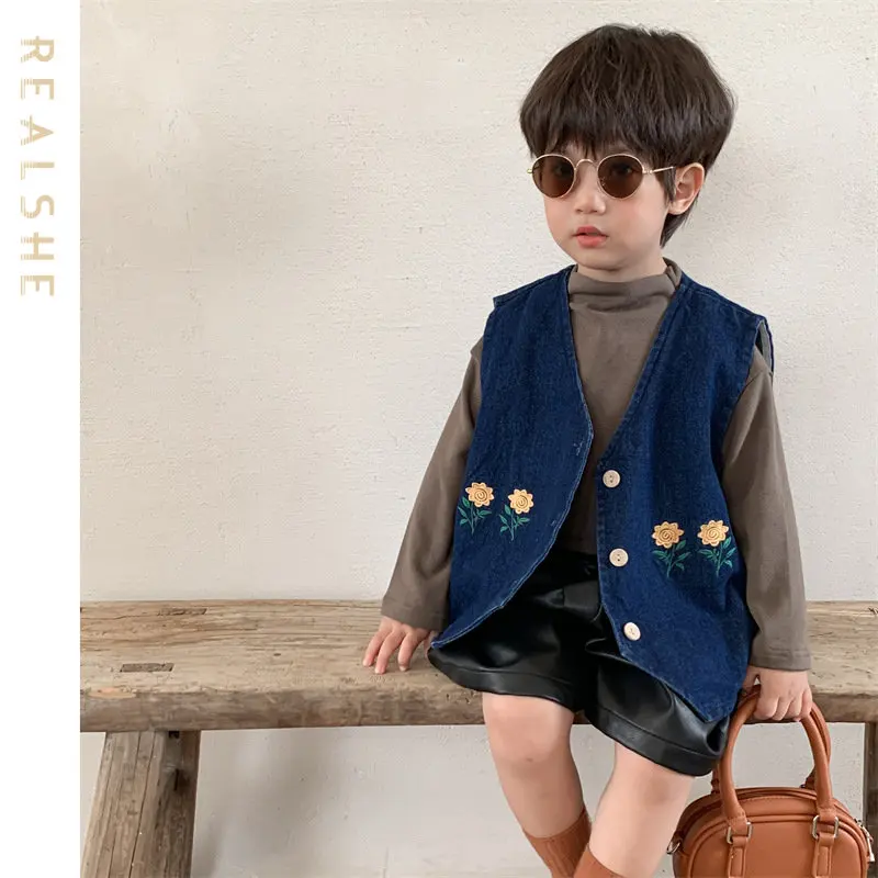 

2023 Spring Autumn New Boys Girls Sleeveless Vest Jacket Floral Embroidery Coat Kids Vest Unisex Demin Outwear Clothes