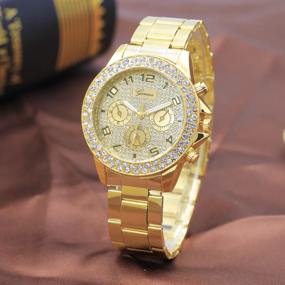 

Hot Geneva Double Ring Diamond Three Eyes Steel Band Watch Ladies Diamond Sand Literal Quartz Watch Men's Watch