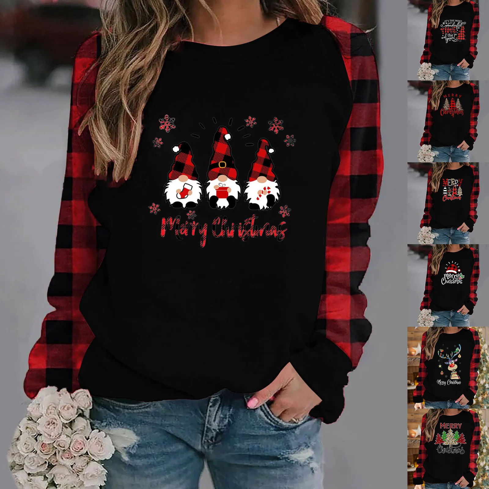 

Fashion Blouse For Womens Casual Summer Tops Long Sleeve Round Neck Tee T Shirt Christmas Printed Solid Long Sleeve Shirt Women