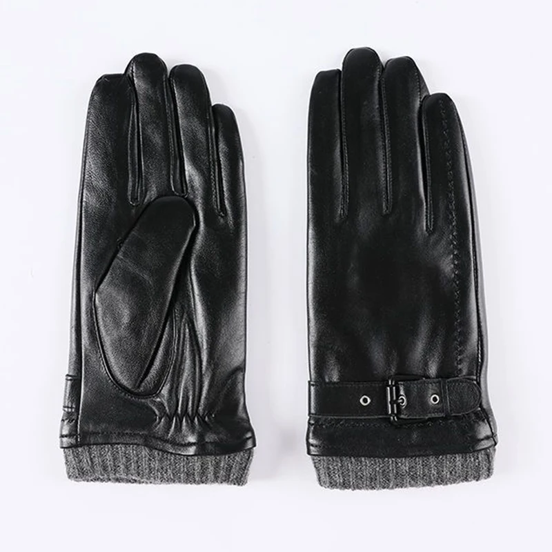 Genuine Leather Gloves For Men Male Sheepskin Touch Screen Winter Warm Windproof Mittens Driving Cycling Motorcycle Men's Gloves images - 6