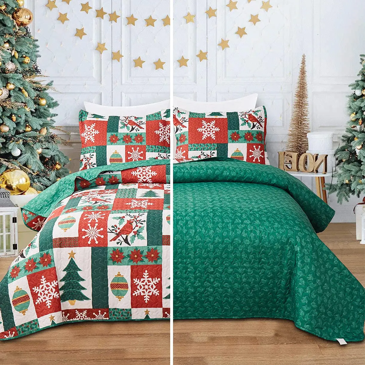 

Reversible Xmas Poinsettia Red Cardinals Quilts Twin Size Burgundy Green Plaid Christmas Birds Snowflake Tree Floral Bedspread