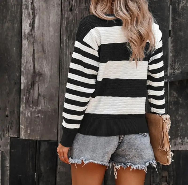 Корейский Осенний женский свитер 2024 зима Повседневный облегающий полосатый с