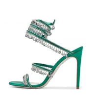 green crystal sandals thin high heel ankle wrap open toe stiletto heel shoes hot sale rhinestone dress women sandals