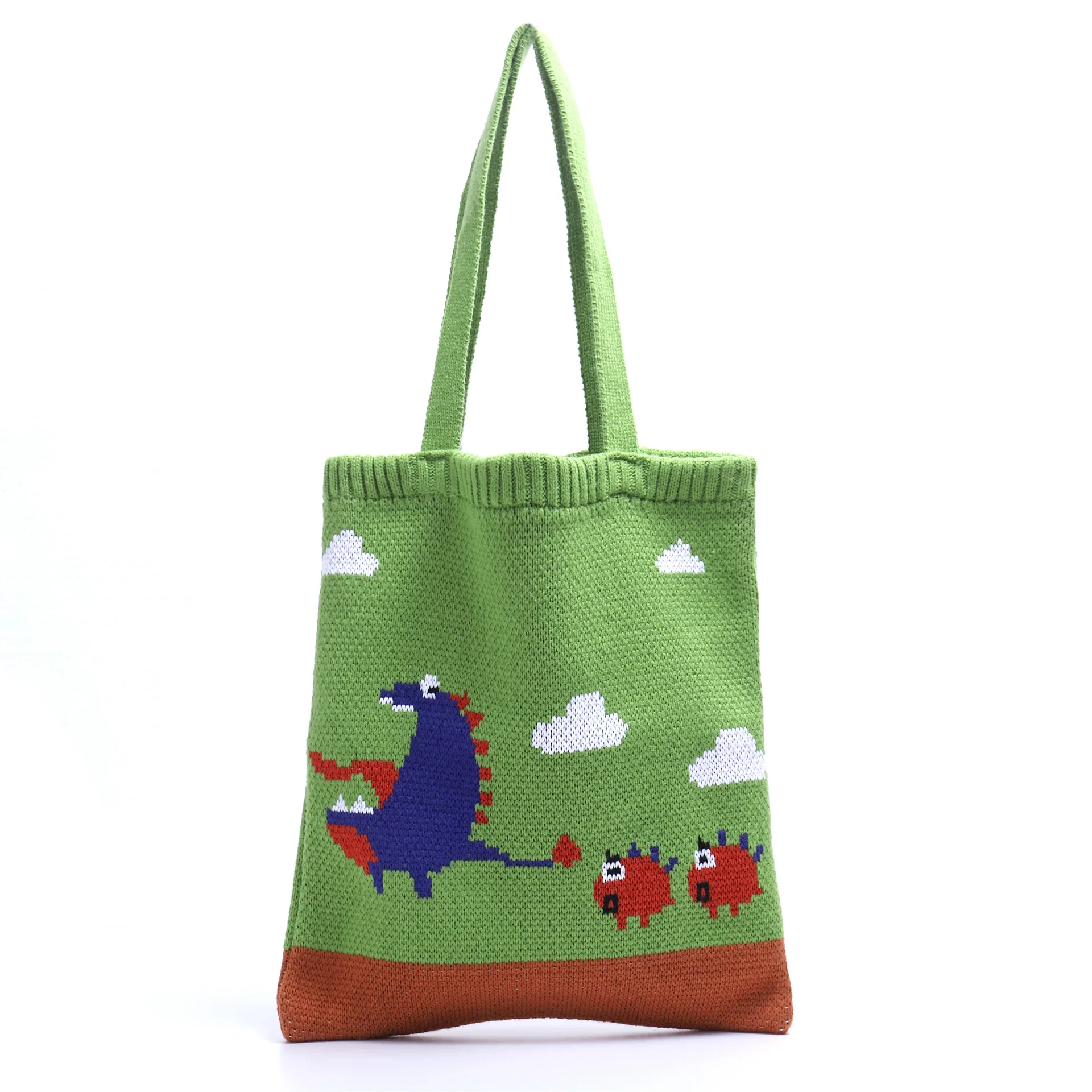 

Knitted Bag Dinosaur Pattern Knitted Bag Square Casual Totes Handbag All-match Small Fresh Girls Bag