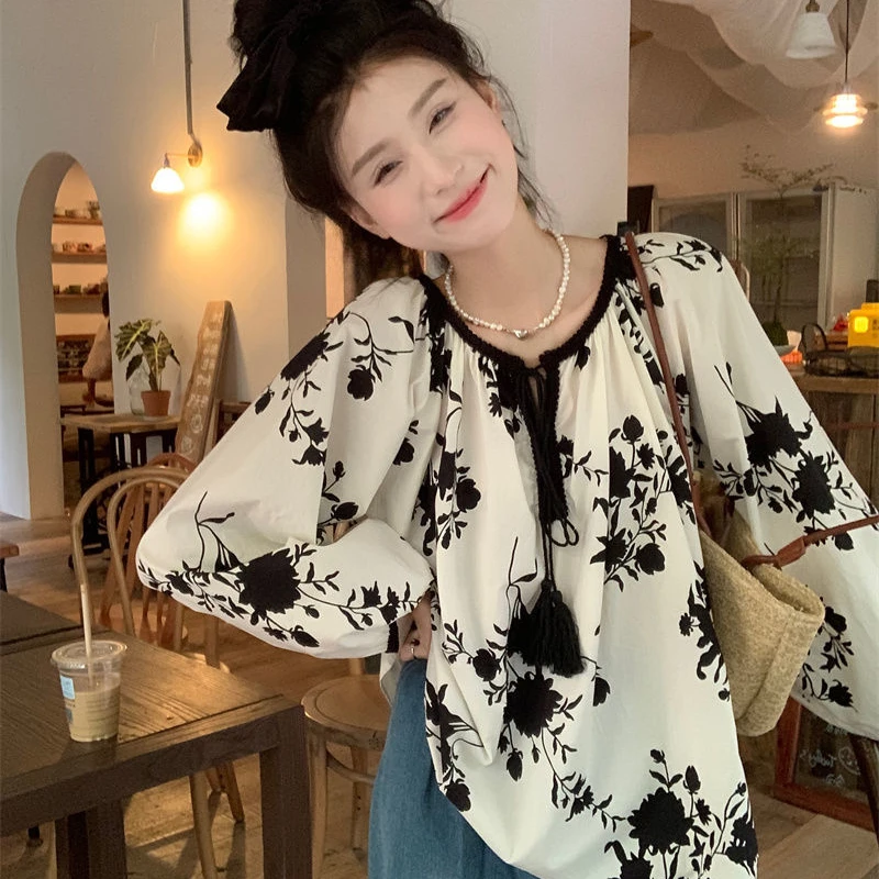 Женская винтажная блузка с длинным рукавом-фонариком свободного покроя - купить