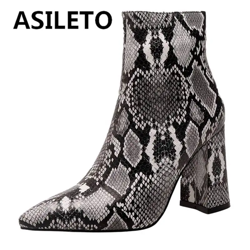 

ASILETO Модные женские ботинки 11,5 см вал заостренный носок блочные каблуки 9 см молния змеиная кожа Смешанные цвета большой размер 43 Досуг S4305