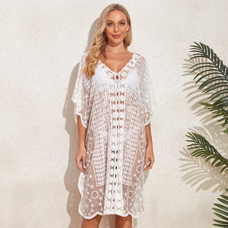 

Women's sexy hollowed-out lace stitching beach sun protection water-soluble lace outerwear bikini blouse