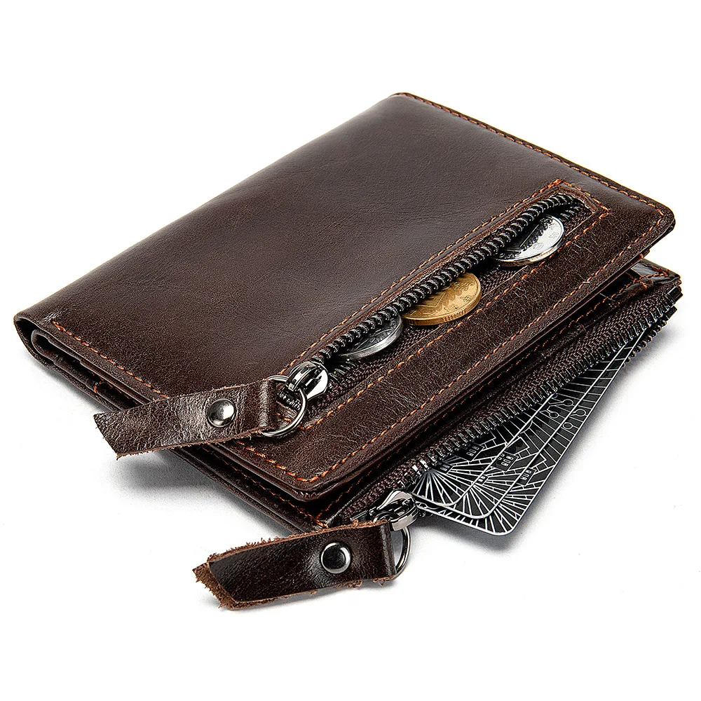 Men's Leather Wallets Men Money Bags Retro Casual Vertical Top Layer Cowhide Dollar Clip Credit Card Holders Zipper Coin Purses