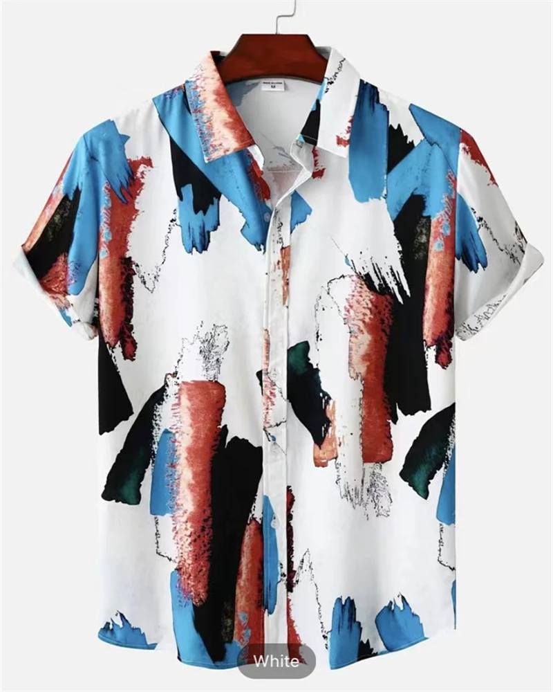 Men's Hawaiian Shirt 3d Print Creamy-white Ink Short Sleeves Lapel Shirt Vintage Oversized Men Blouse Plaid Tops Beach T-shirts