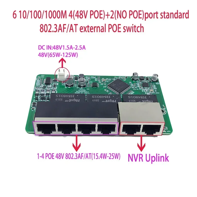 Стандартный протокол 4 порта 802.3AF/AT 48 в POE OUT/48 В poe коммутатор 1000 Мбит/с poort UPLink/nvr