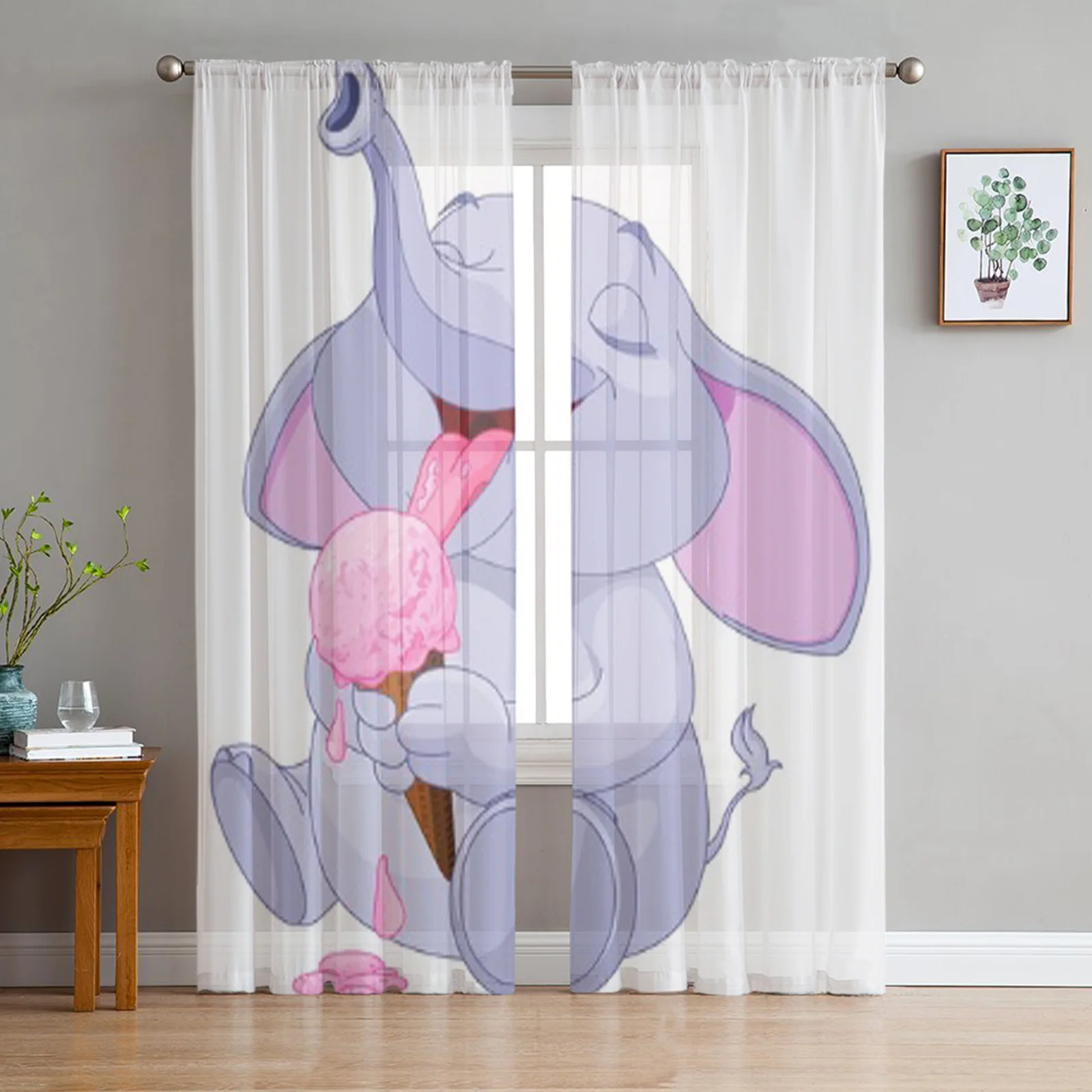 

Cute Baby Elephant Eating Ice Cream Tulle Sheer Curtains for Kitchen Window Living Room Modern Voile Curtain Bedroom Drapes