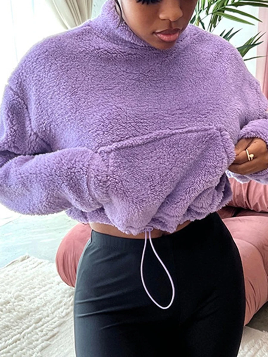 

Women's Winter Warm Sherpa Plush Short Sweatshirt Solid Color Long Sleeve Stand Collar Drawstring Hem Pullover with Pocket