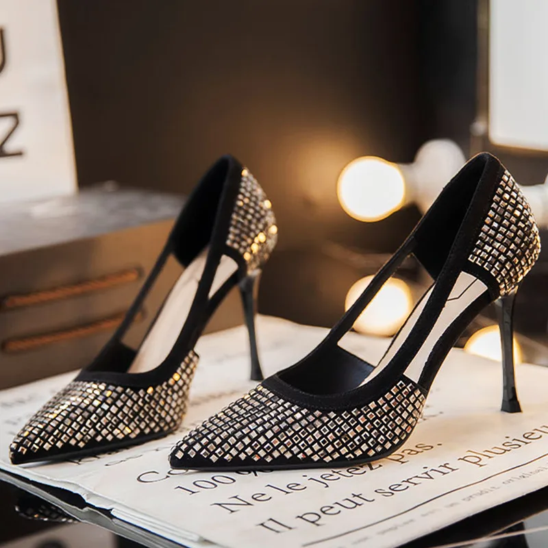

2022 New Brand Women High Heels Pointed Toe Slip on Hollow Thin High Heel Ladies Elegant Crystal Women Pumps Party Shoes Women