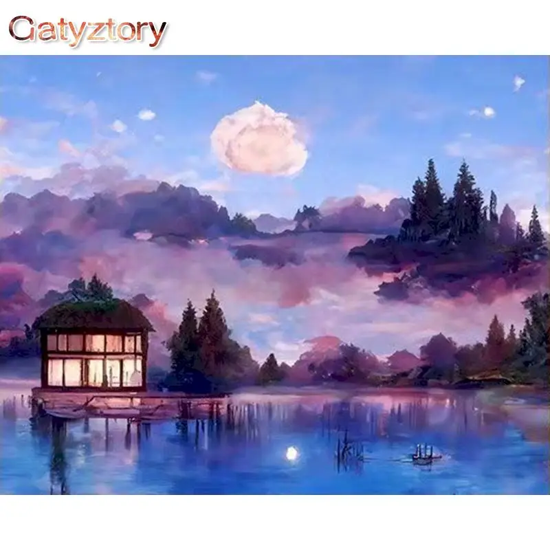 

GATYZTORY 60x75cm Frame Painting By Numbers Night Moon Scenery Oil Paint Kits Handmade DIY Gift Home Living Room Decor Artwork