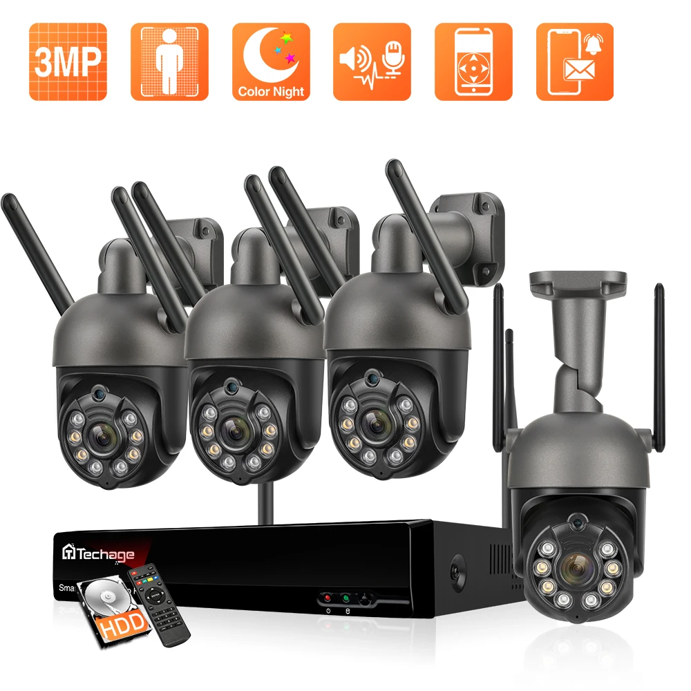 Techage 8CH 3MP PTZ WiFi IP Security Camera System Outdoor Wireless NVR Kit Color Night Vision Surveillance Camera Two-way Audio