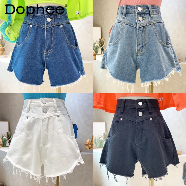 

Korean Simple Casual Denim Shorts Women High Waist Slim Frayed Breasted Loose A- Line Wide Leg Shorts 2022 Spring New Hot Pants