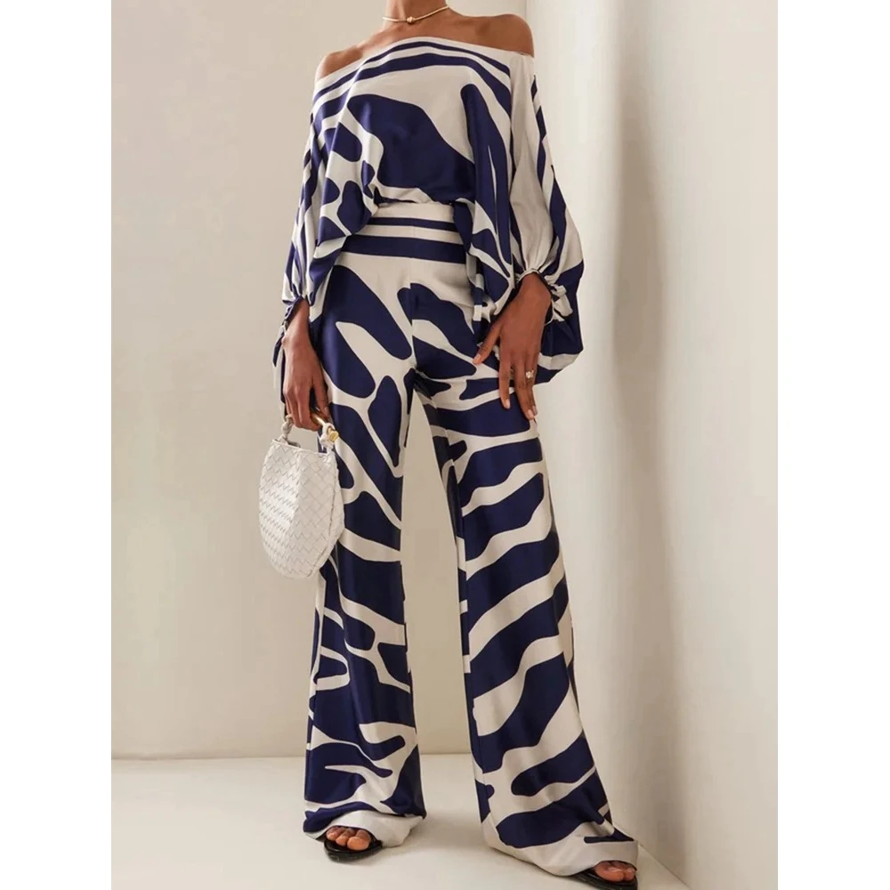 Women Fashion Casual Geometric Floral Print Off Shoulder Long Sleeve Top & Wide Leg Pant Sets Elegant Two-piece Set Streetwear