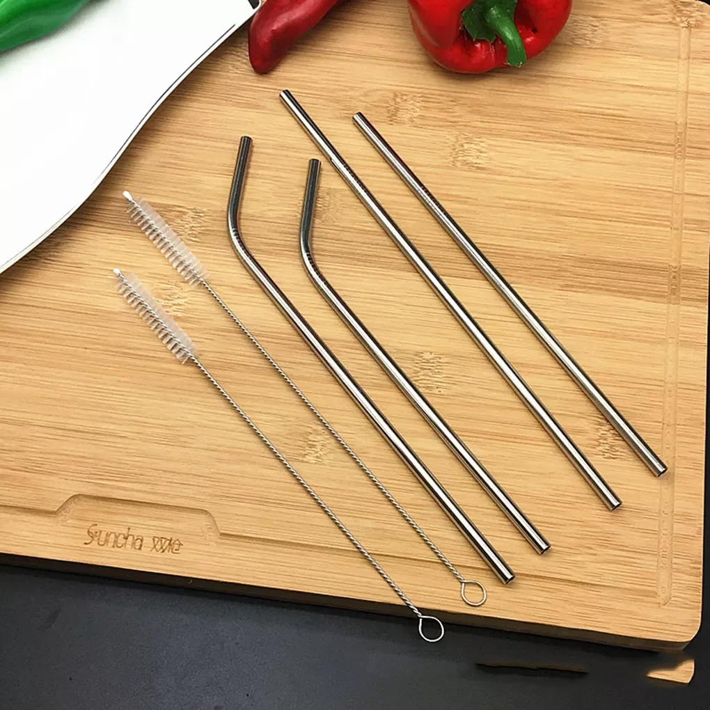 

21.5cm 3Pcs 304Stainless Steel Reusable Drinking Bottle Straight Bend Straw Soft Tube Brush Cleaner