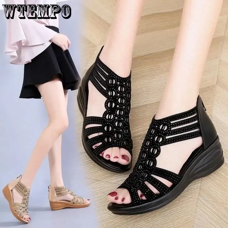 WTEMPO Women's Comfortable Wedges Hollow Out Zippered Girl Sandals Ladies Summer Middle Heel Dress Shoes Wholesale Dropshipping