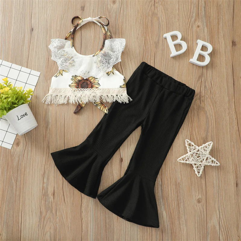 

Детский комплект одежды из 2 предметов для девочек, укороченный топ с цветочным принтом без рукавов и однотонные расклешенные брюки с круже...