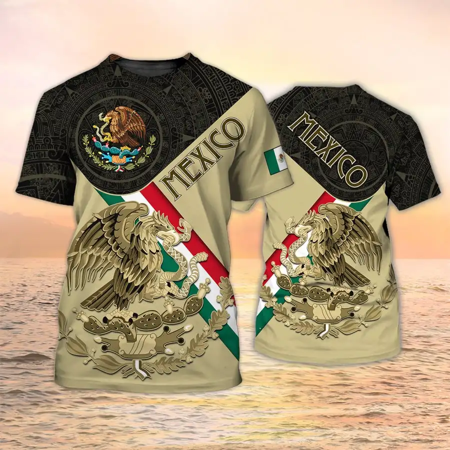 

Mexican Eagle Flag T-Shirt Custom Mexico Flag National Emblem 3D T-Shirt Casual Short Sleeve Custom Name T-Shirt