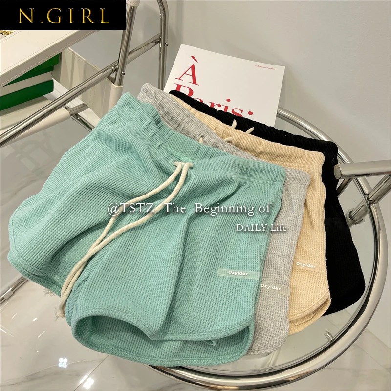 N GIRLS New Women's Casual Loose Solid Shorts Waffle Elastics Waist High Street Wide Leg Straight Breathable Sports Shorts