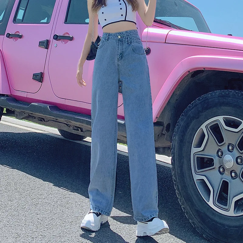 

Light Blue Straight Leg Jeans Spring Women Fashion Irregular High Waist Loose Wide Leg Jeans Woman Vintage Boyfriend Denim Pants