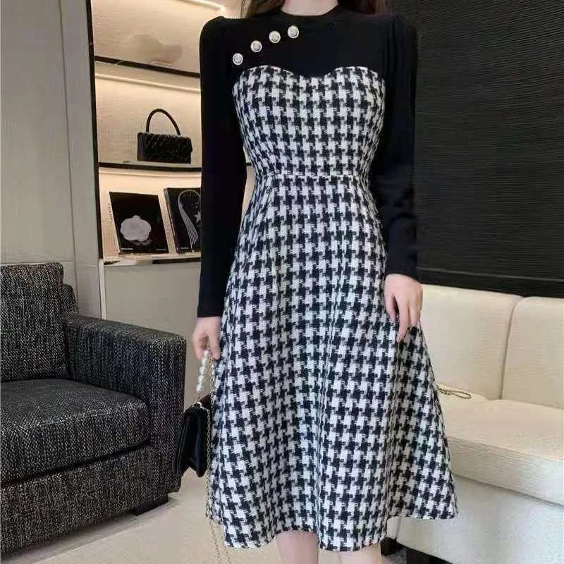 Осенне-зимнее женское винтажное клетчатое платье в Корейском стиле Элегантные
