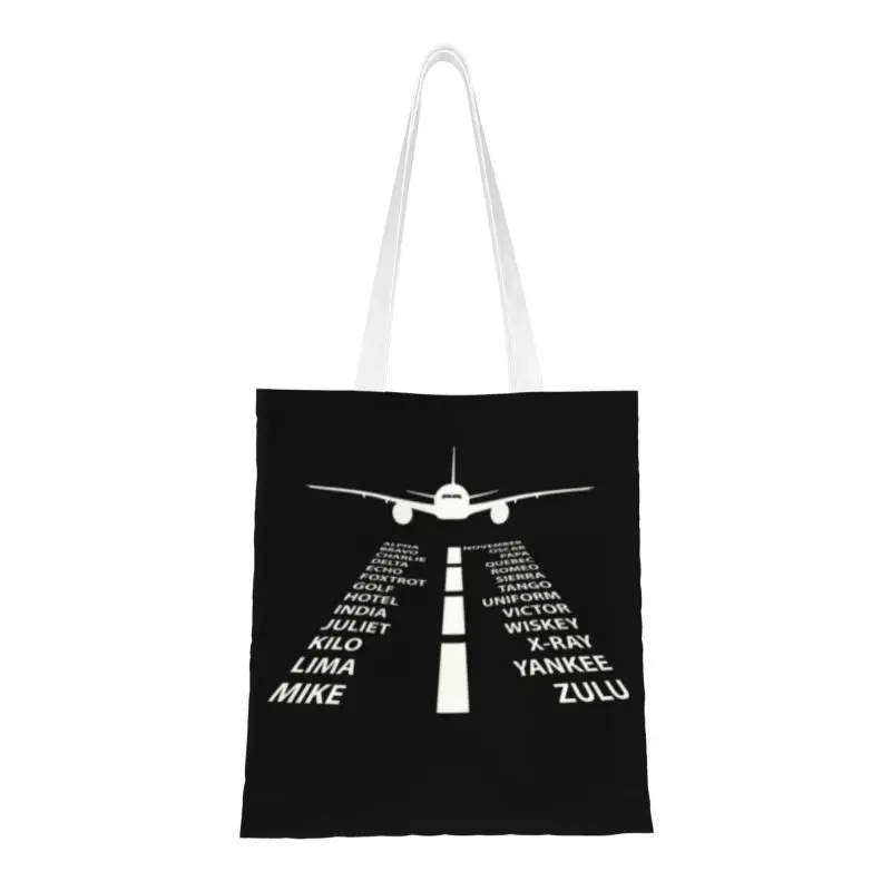 

Custom Phonetic Alphabet Pilot Airplane Shopping Canvas Bags Women Portable Groceries Aviation Plane Fighter Tote Shopper Bags