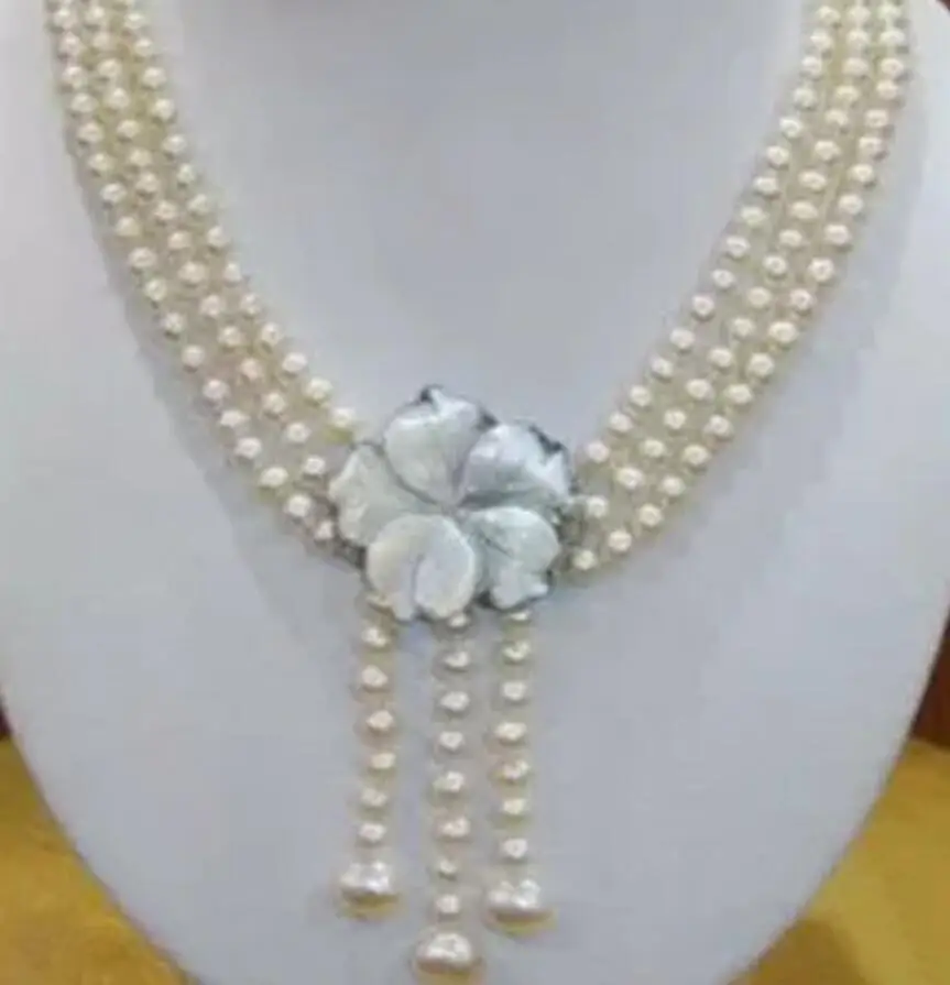 

Wonderful7-8MM 3Rows Natural White Akoay Cultured Pearl Shell Clasp Necklace