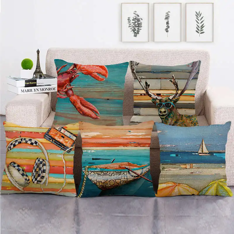 

Simple Seaside Linen Pillowcase Blue Ocean Beach Pillowscase Morty Decorative Pillows for Bed Double Bed Cushions 40x40 45x45 cm