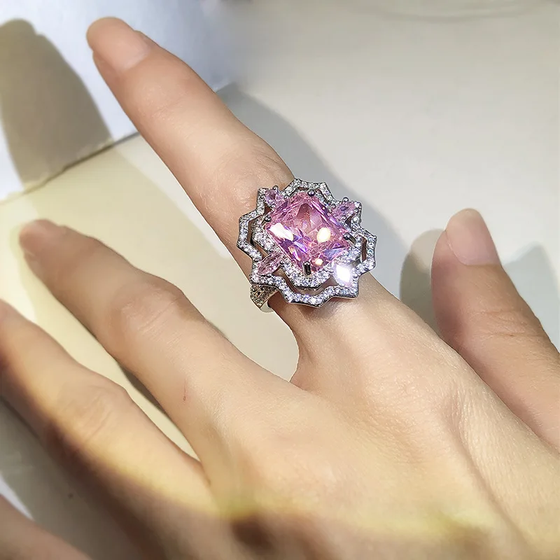 

Solid 925 Sterling Silver Pink Diamond Open Ring for Women Wedding Bands Anillos De Silver 925 Jewelry Diamond Gemstone Anel Box