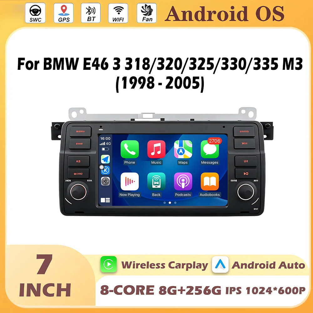 Фото Для BMW E46 3 318/320/325/330/335 M3 1998-2005 GPS-навигация, беспроводной Carplay, автомобильное радио, мультимедийный видеоплеер, WIFI №1