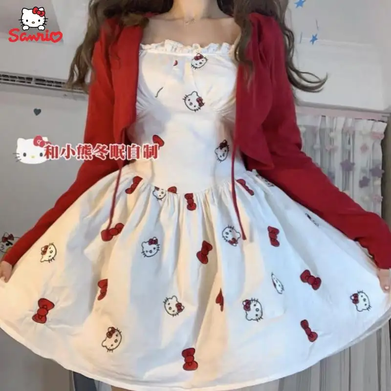 

Кавайное платье Sanrio, милое летнее платье с мультяшным рисунком Hello Kitty для девочек, платье принцессы в японском стиле, подарок для девочек