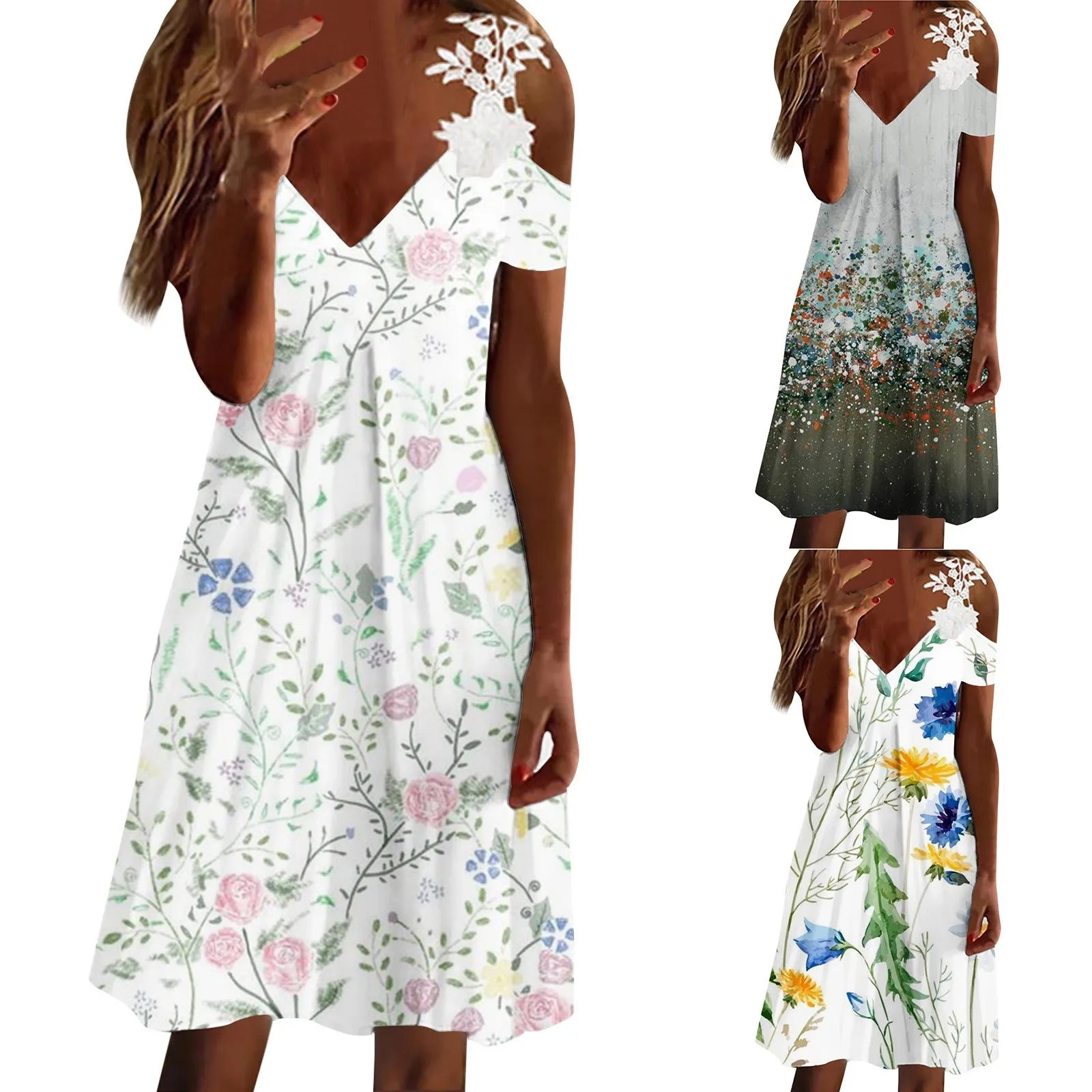 

Ladies Lace Trim Flower Print Casual Sling Short Sleeve Dress Womens Dresses Casual Summer