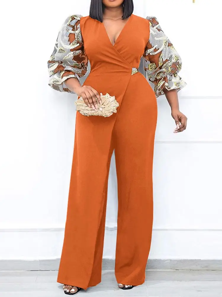 

VONDA Summer Long Jumpsuits Women 3/4 Sleeve Sexy V Neck Elegant Party Playsuits Casual Mesh Printed Bandage Bohemian Pantalon