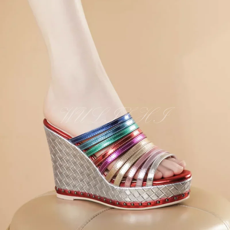 Color striped silver shiny wedge sandals woman peep toe platform hollow sexy heels Sequins Mixed Colors gold blue striped shoes
