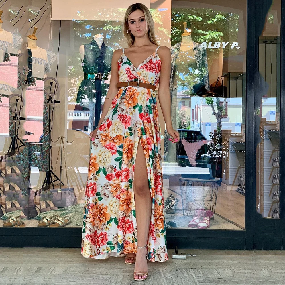 

Summer 2022 New Spring Short Sleeve Flower Printed Dress Long Dress Women's Clothing Sleeveless Split V-neck Waist Dress Sexy