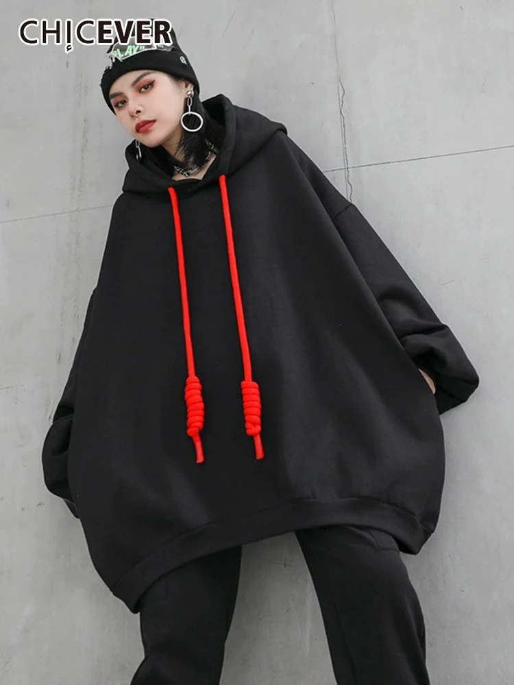 

CHICEVER Hit Color Sweatshirt For Women Hooded Long Sleeve Patchwork Drawstring Loose Temperament Sweatshirts Female Autumn 2022