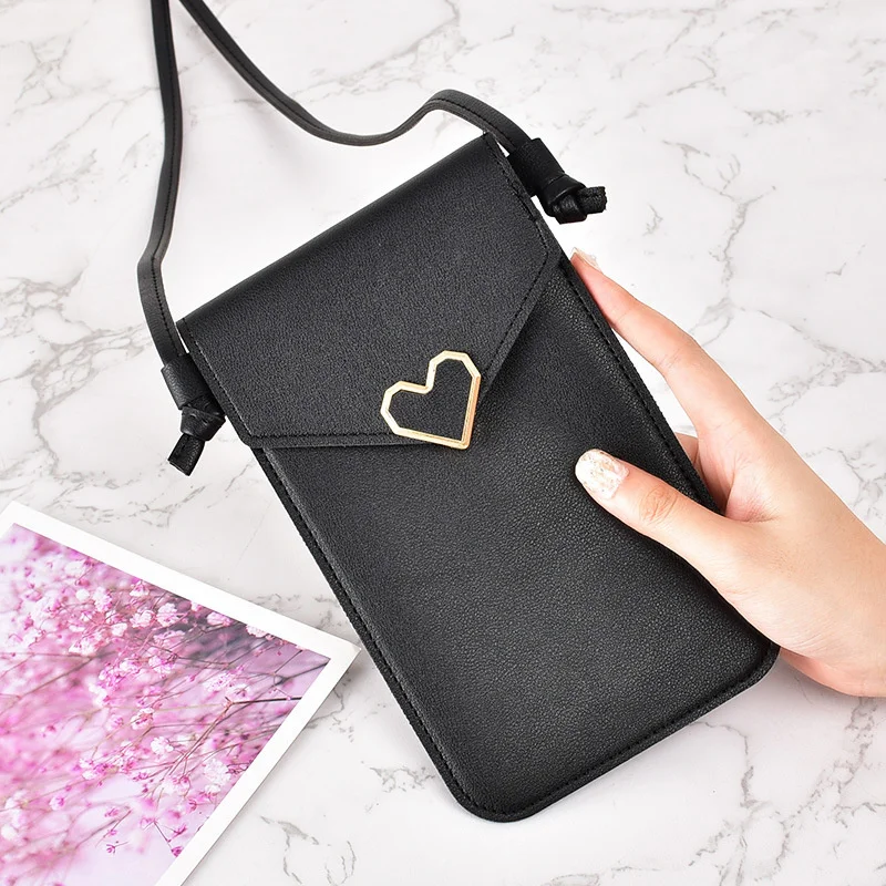 2021 new one shoulder diagonal buckle bag love transparent touch screen simple vertical student mobile phone bag