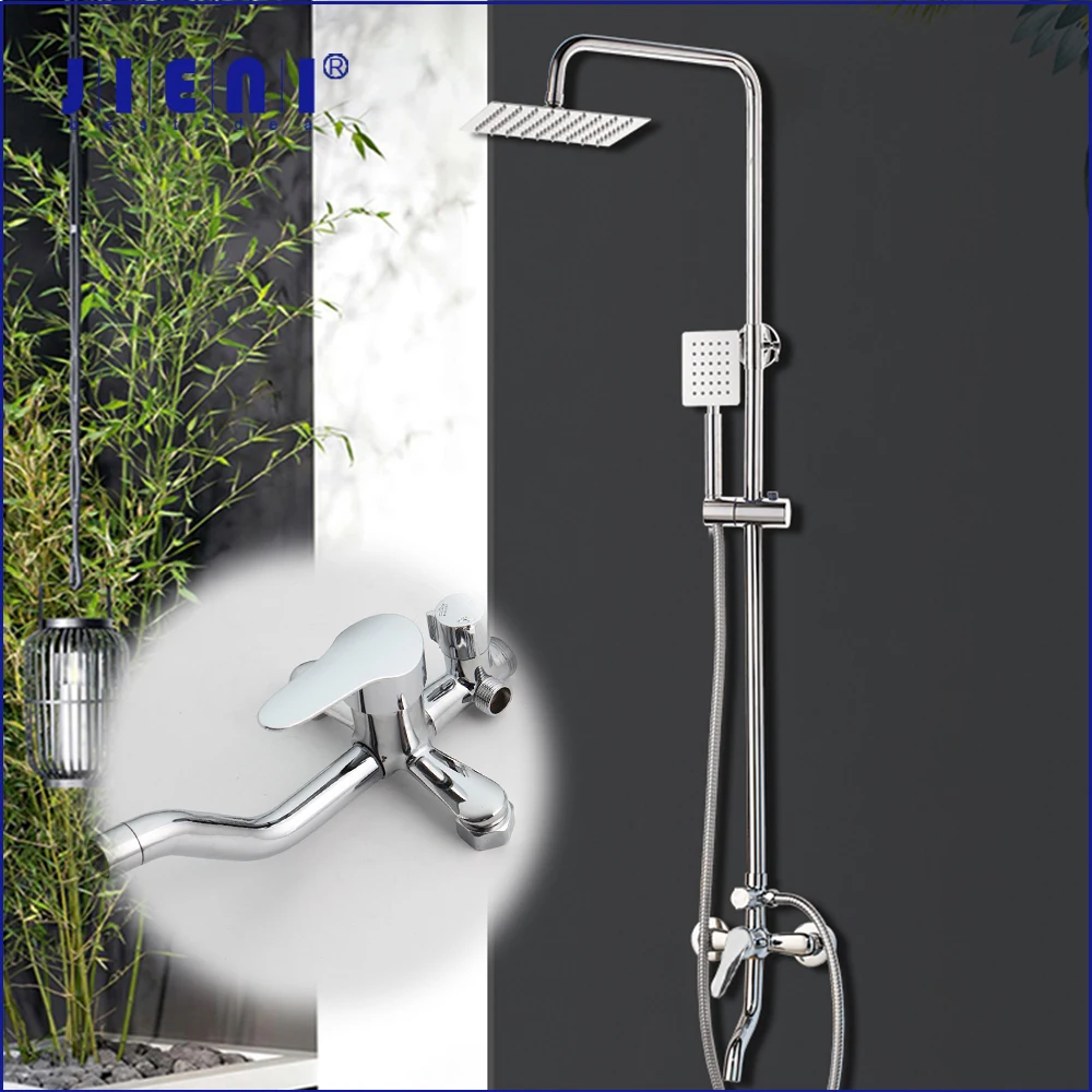 JIENI 8 Inch Chrome Polish Rainfall Wall Mount Ultrlthin Shower Head Mixer Faucet Bathroom Adjust Height Handheld Shower Faucet